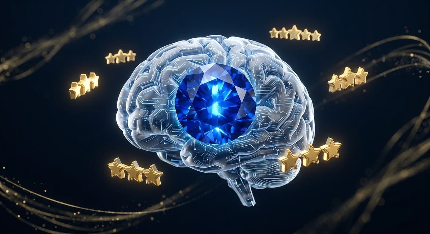 Crystal brain with a sapphire at its center, surrounded by golden stars